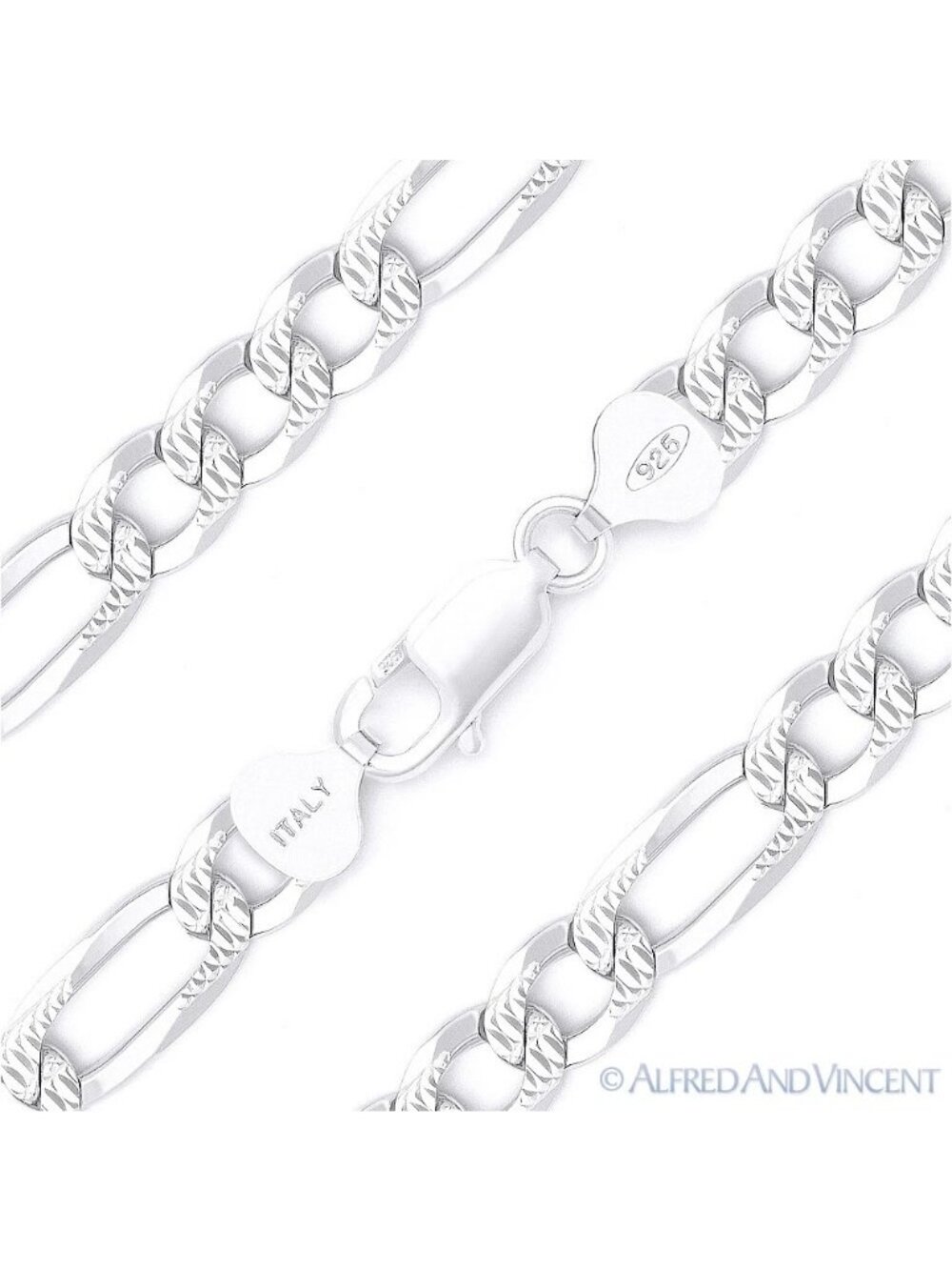 8.4mm Figaro D-Cut Pave Link Italian Chain Necklace in .925 Sterling Silver 24"